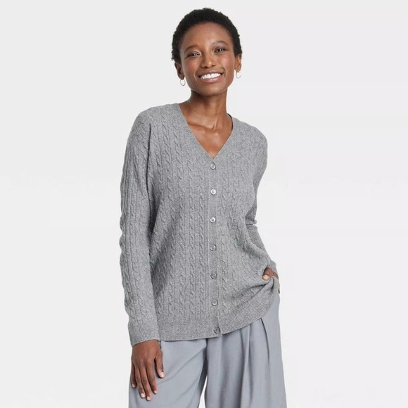 a new day Sweaters - A New Day Women's Gray Cable Knit Button Front V-Neck Cardigan Sweater Size M